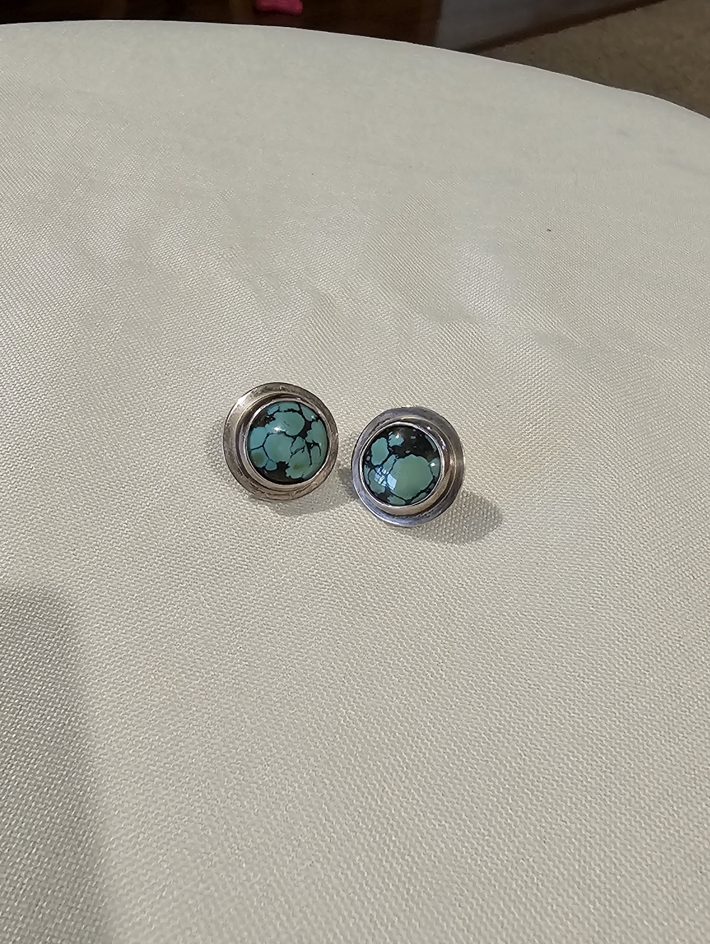 Turquoise Stone Silver Round Stud Earrings - Turquoise